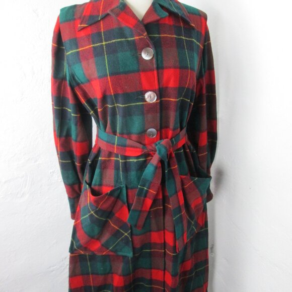 Housecoat Robe Vintage MCM 50s PENDLETON Red Tartan Plaid Belted Women's Size L - Picture 1 of 8